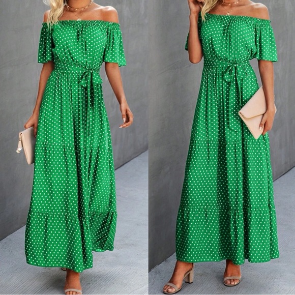 Off Shoulder Polka Dot Butterfly Sleeve Belted Maxi Dress - Picture 6 of 6